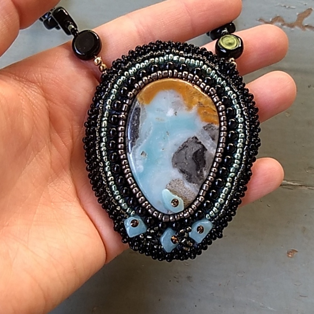 Hand Beaded Larimar Statement Necklace - image 4